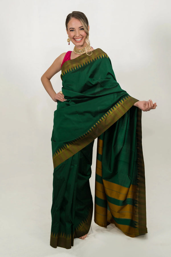 Forest Green Striped Saree - MyEthnikRentals