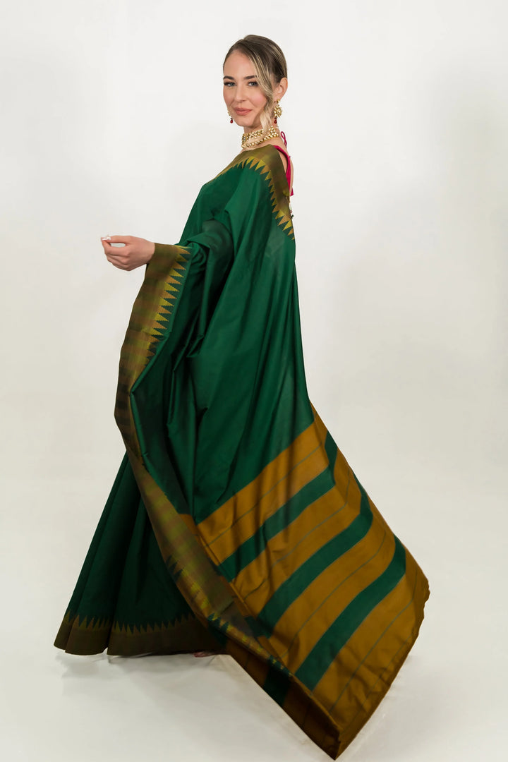Forest Green Striped Saree - MyEthnikRentals