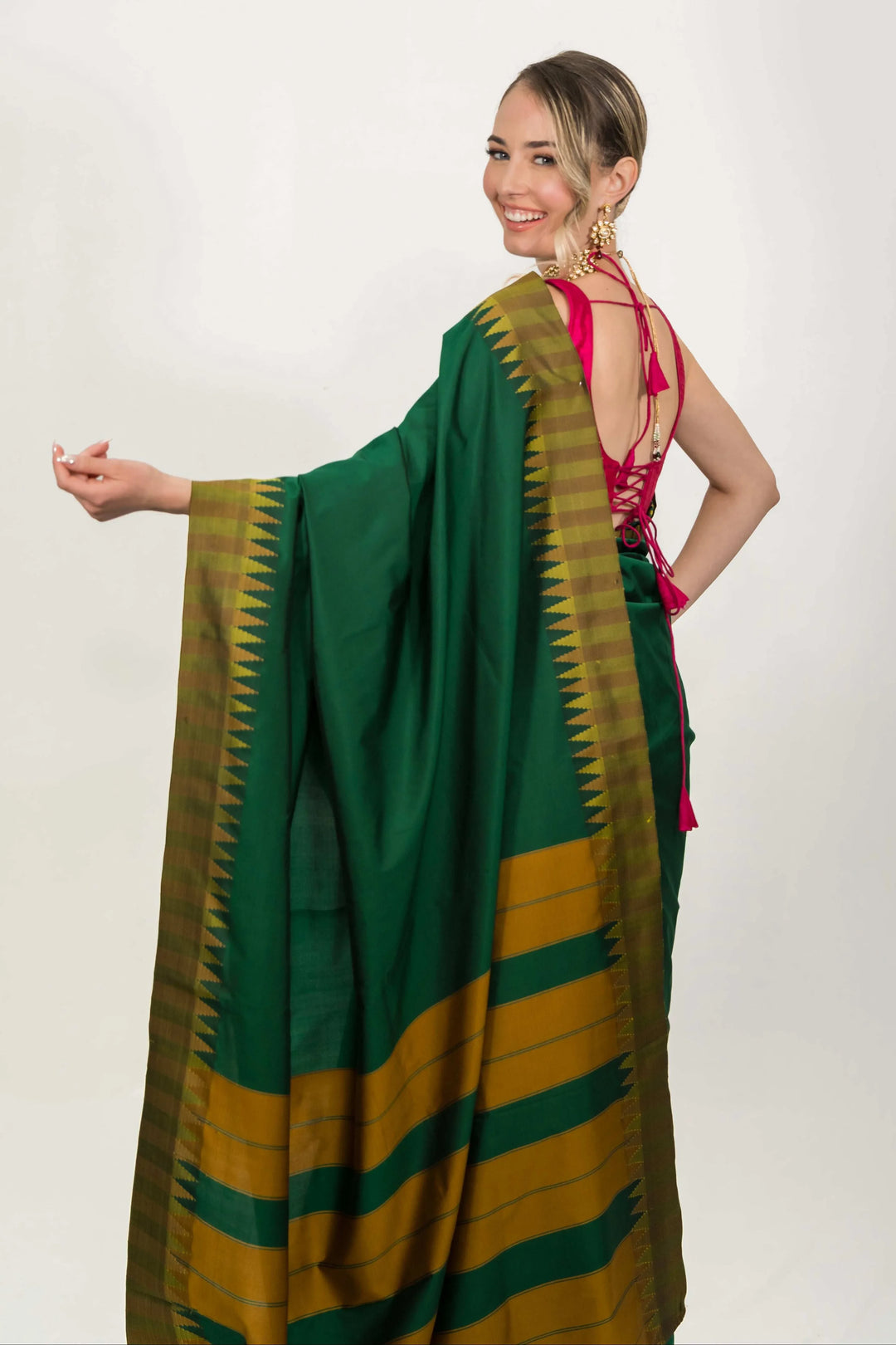 Forest Green Striped Saree (Outside Ontario) - MyEthnikRentals