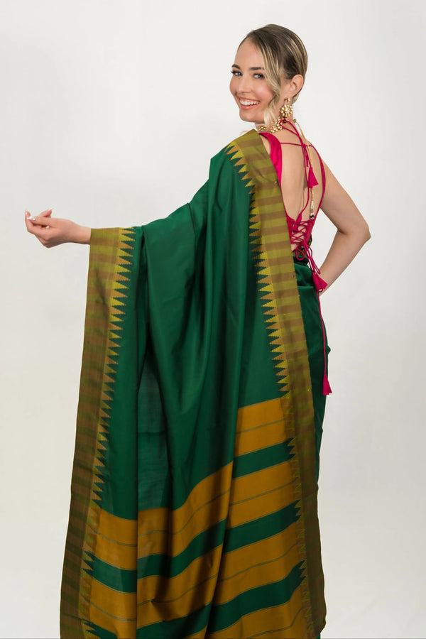 Forest Green Striped Saree - MyEthnikRentals