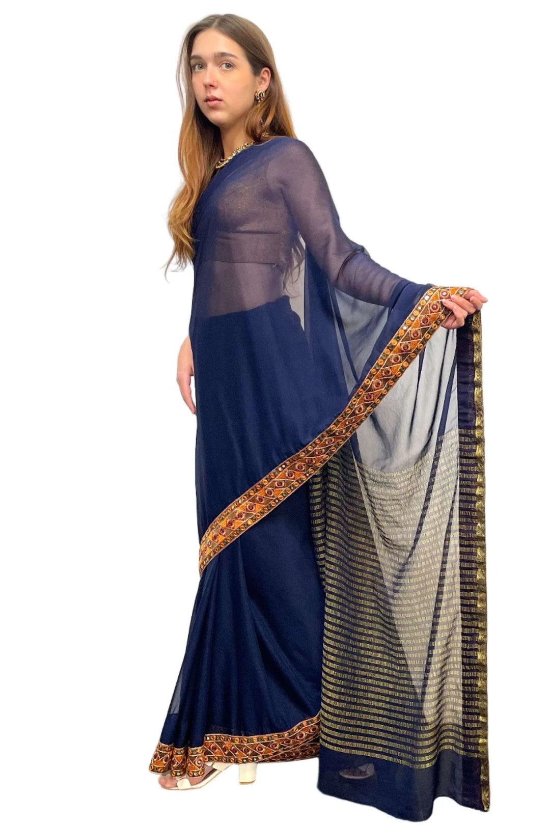 Navy Blue Pure Saree - MyEthnikRentals