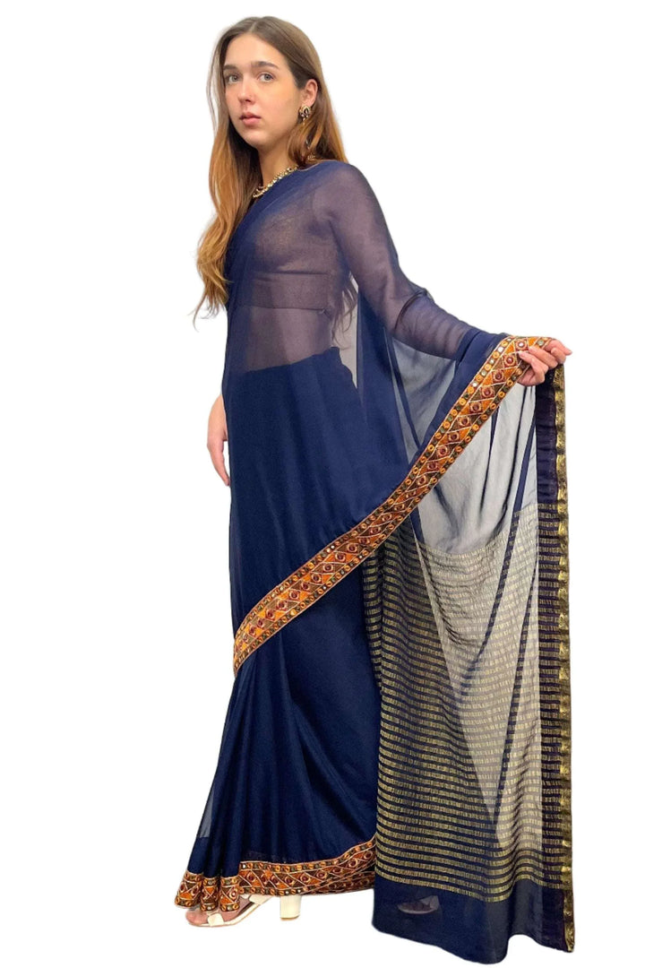 Navy Blue Pure Saree - MyEthnikRentals