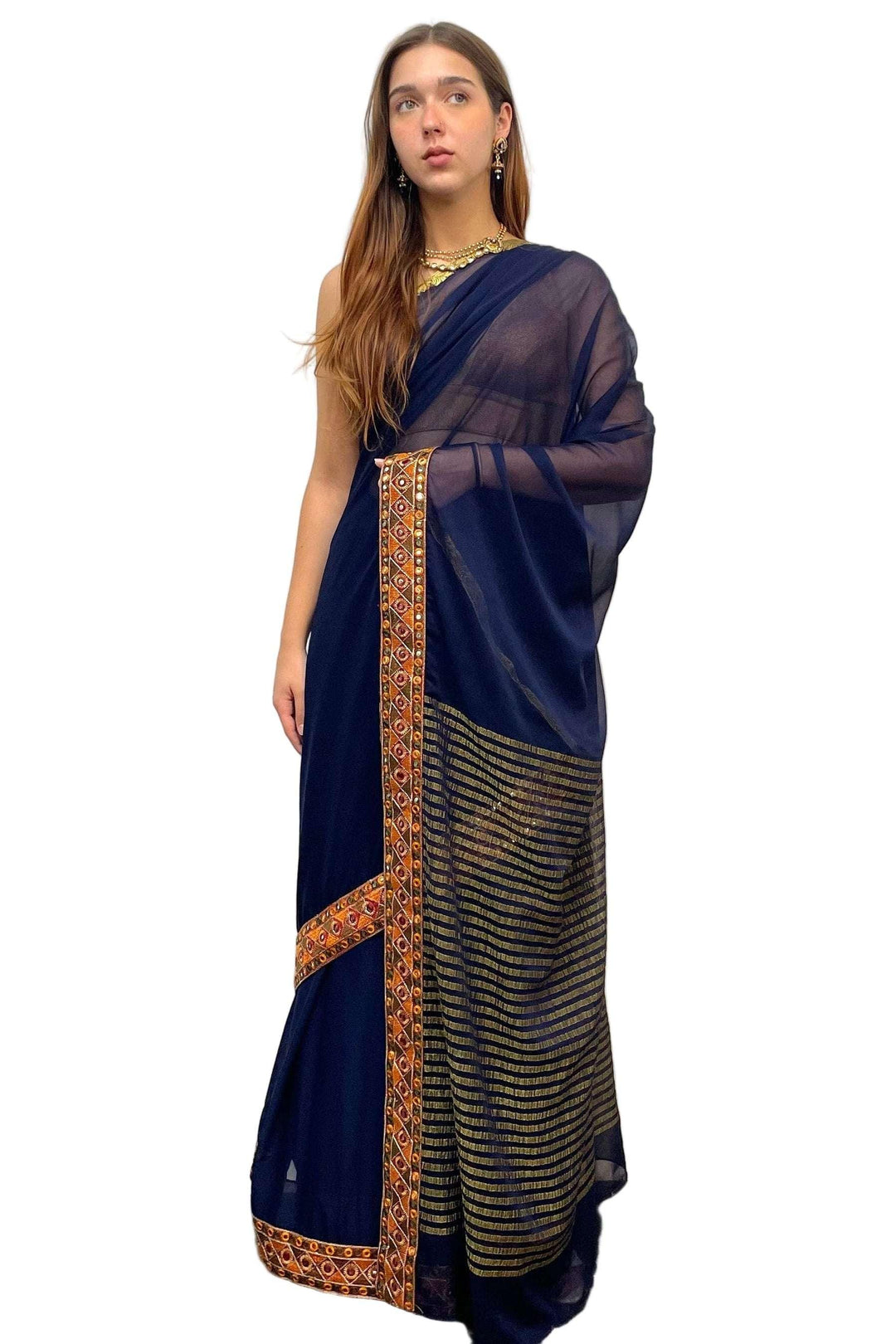 Navy Blue Pure Saree - MyEthnikRentals