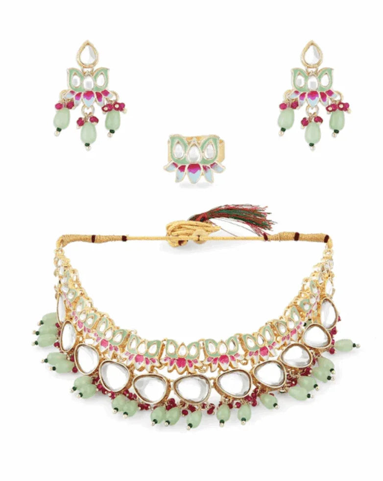 Light Green Kundan-Studded & Pearl Beaded Jewellery Set (Outside Ontario) - MyEthnikRentals