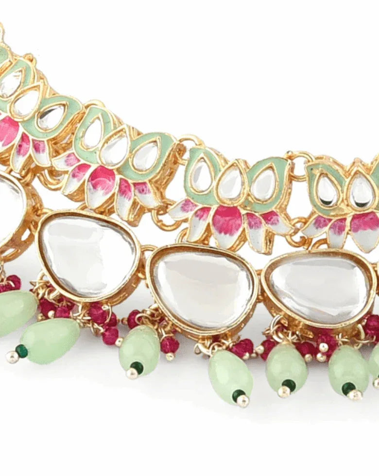Light Green Kundan-Studded & Pearl Beaded Jewellery Set (Outside Ontario) - MyEthnikRentals