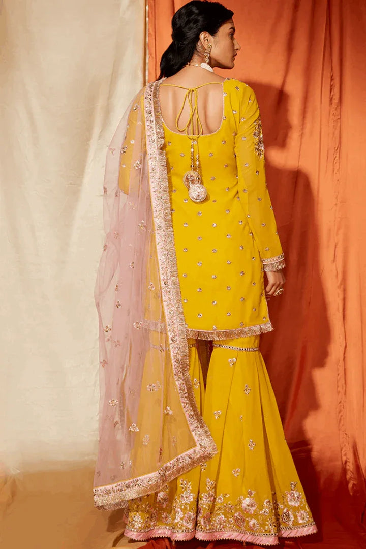 Mustard & Blush Pink Georgette Gharara Suit (Outside Ontario) - MyEthnikRentals