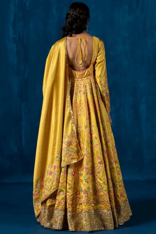 Sunlit Yellow Embroidered Crepe Silk Anarkali (Outside Ontario) - MyEthnikRentals