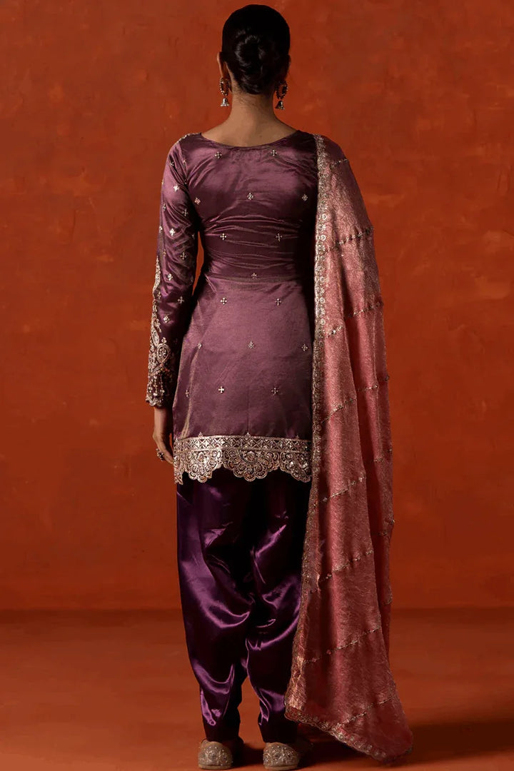 Deep Wine Embroidered Satin Punjabi Suit (Outside Ontario) - MyEthnikRentals