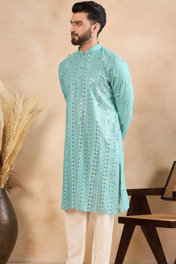 Powder Blue Mirror Work Kurta (Outside Ontario) - MyEthnikRentals