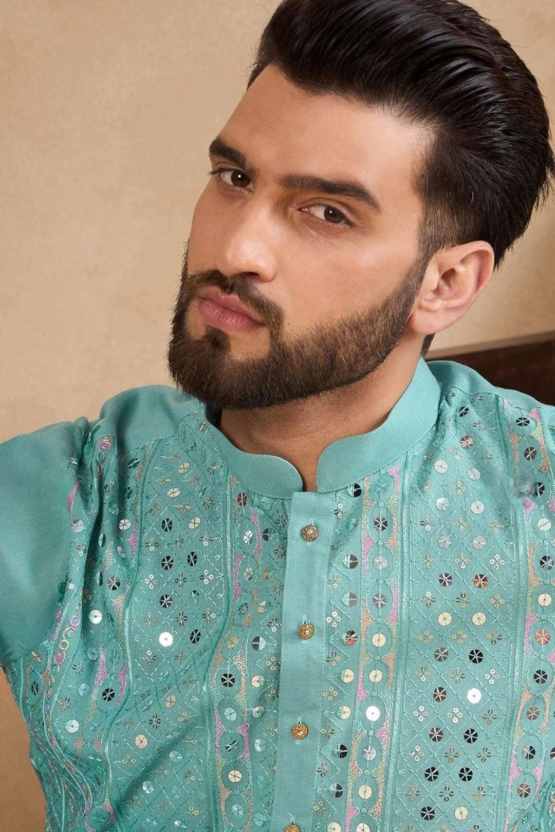 Powder Blue Mirror Work Kurta (Outside Ontario) - MyEthnikRentals