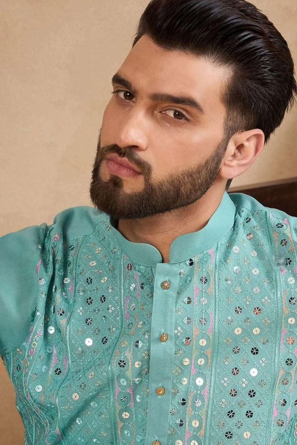 Powder Blue Mirror Work Kurta (Outside Ontario) - MyEthnikRentals