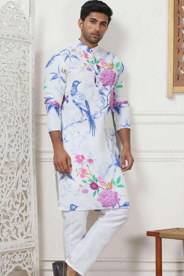 Ivory Multicolor Bird & Bloom Printed Kurta (Outside Ontario) - MyEthnikRentals