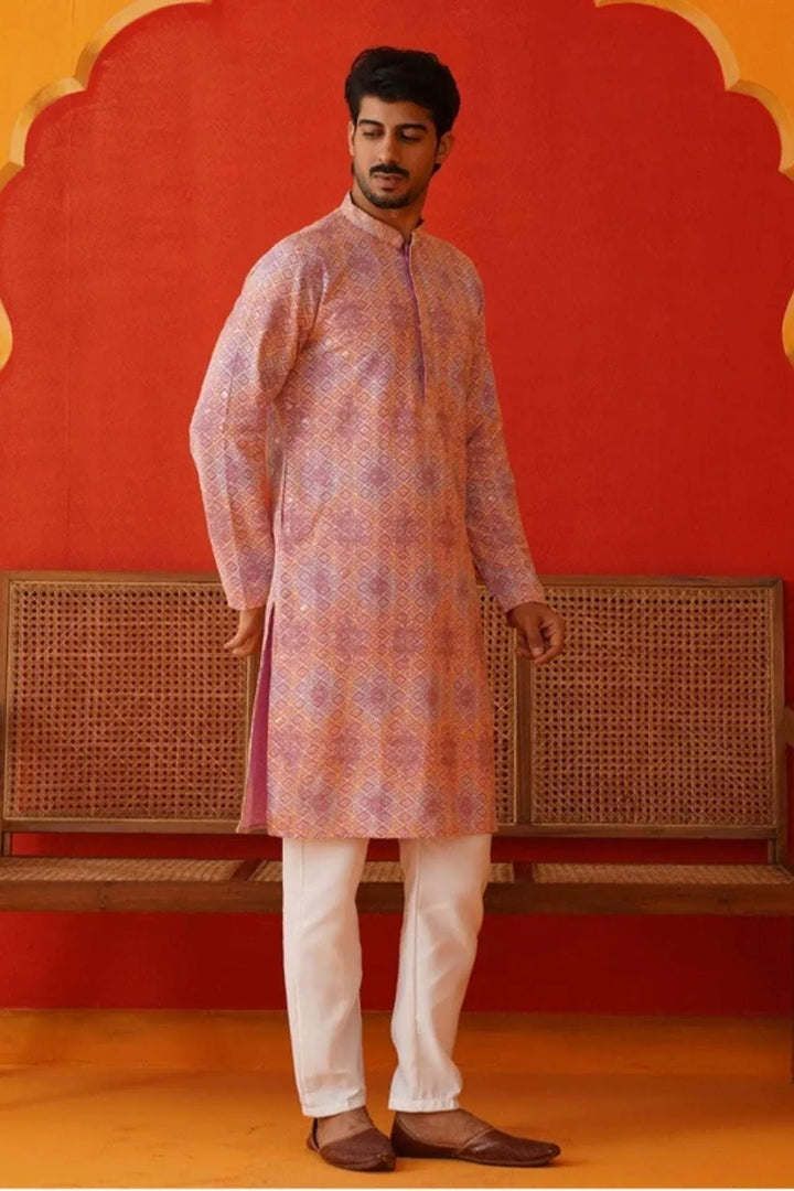 Saffron Lilac Geometric Kurta Set (Outside Ontario) - MyEthnikRentals