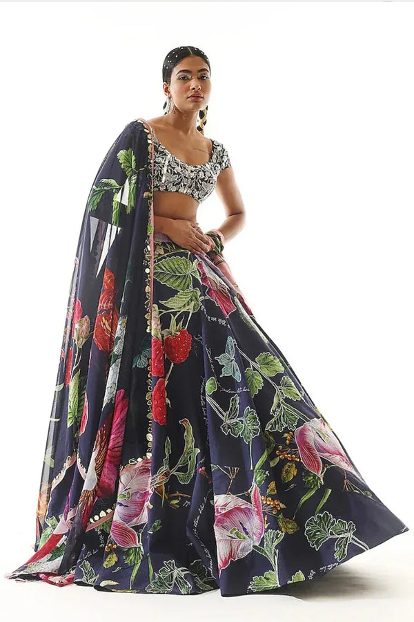 Navy Satin Organza Lehenga - MyEthnikRentals