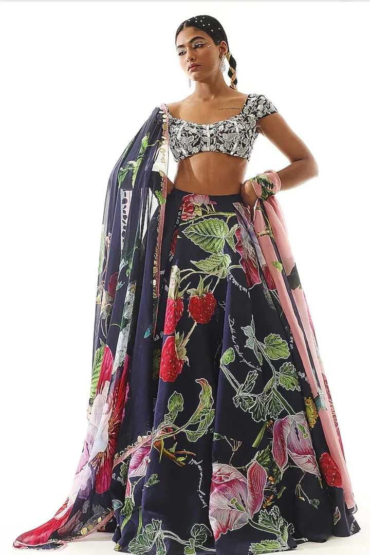 Navy Satin Organza Lehenga (Outside Ontario) - MyEthnikRentals