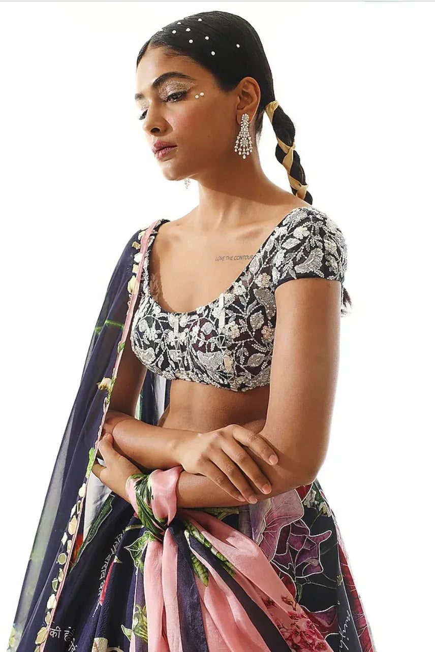 Navy Satin Organza Lehenga (Outside Ontario) - MyEthnikRentals