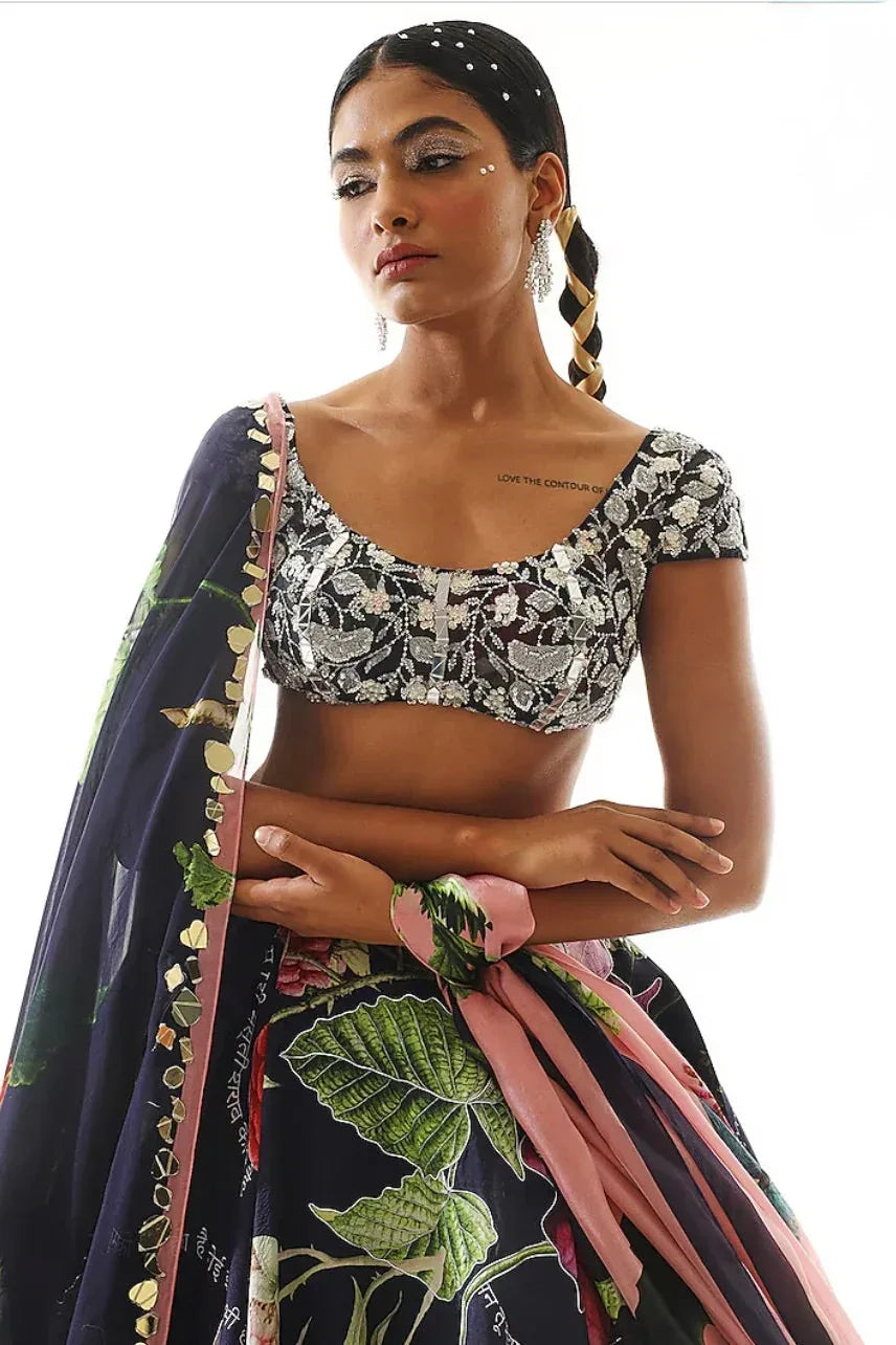 Navy Satin Organza Lehenga (Outside Ontario) - MyEthnikRentals