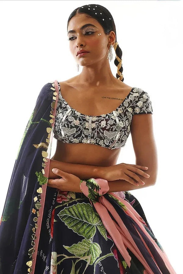 Navy Satin Organza Lehenga - MyEthnikRentals