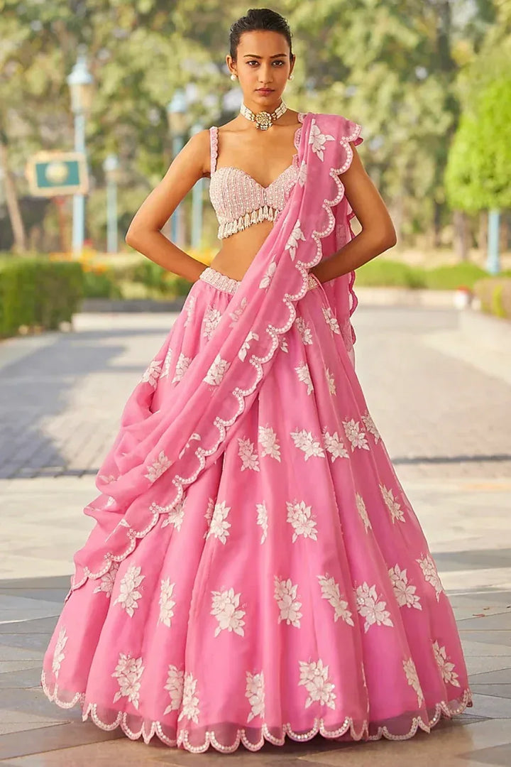 Pink Organza Handworked Lehenga - MyEthnikRentals
