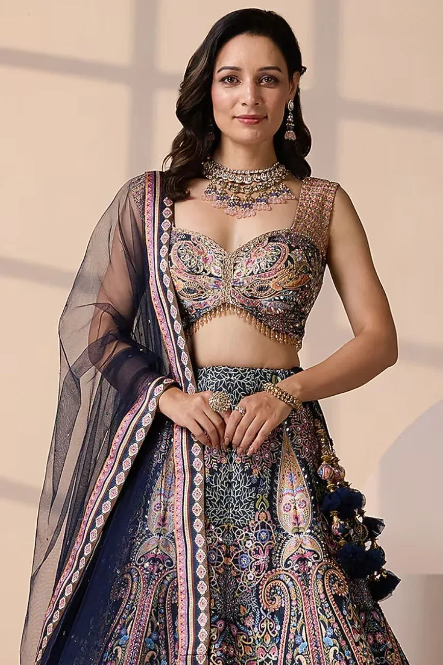Blue Silk Mirror Lehenga - MyEthnikRentals