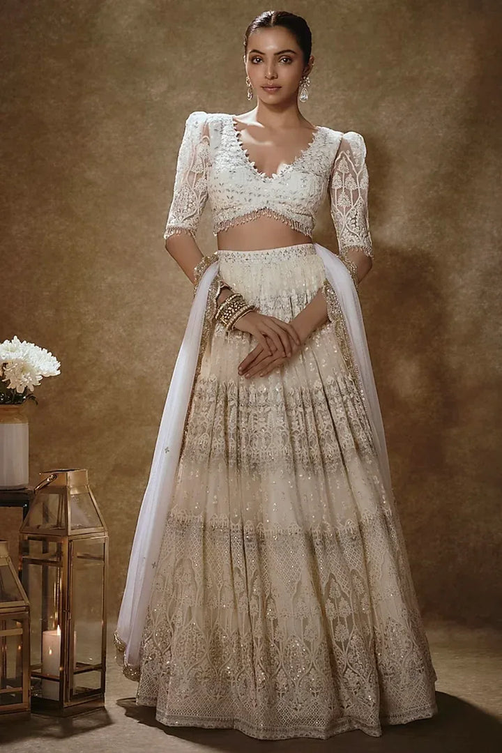 Porcelain White Dori Lehenga - MyEthnikRentals