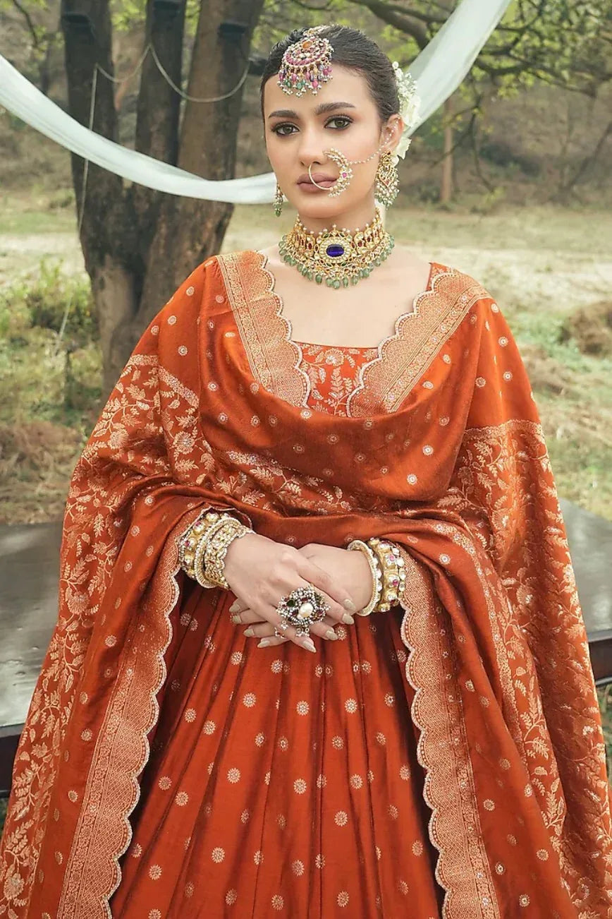 Rust Vegan Silk Lehenga - MyEthnikRentals