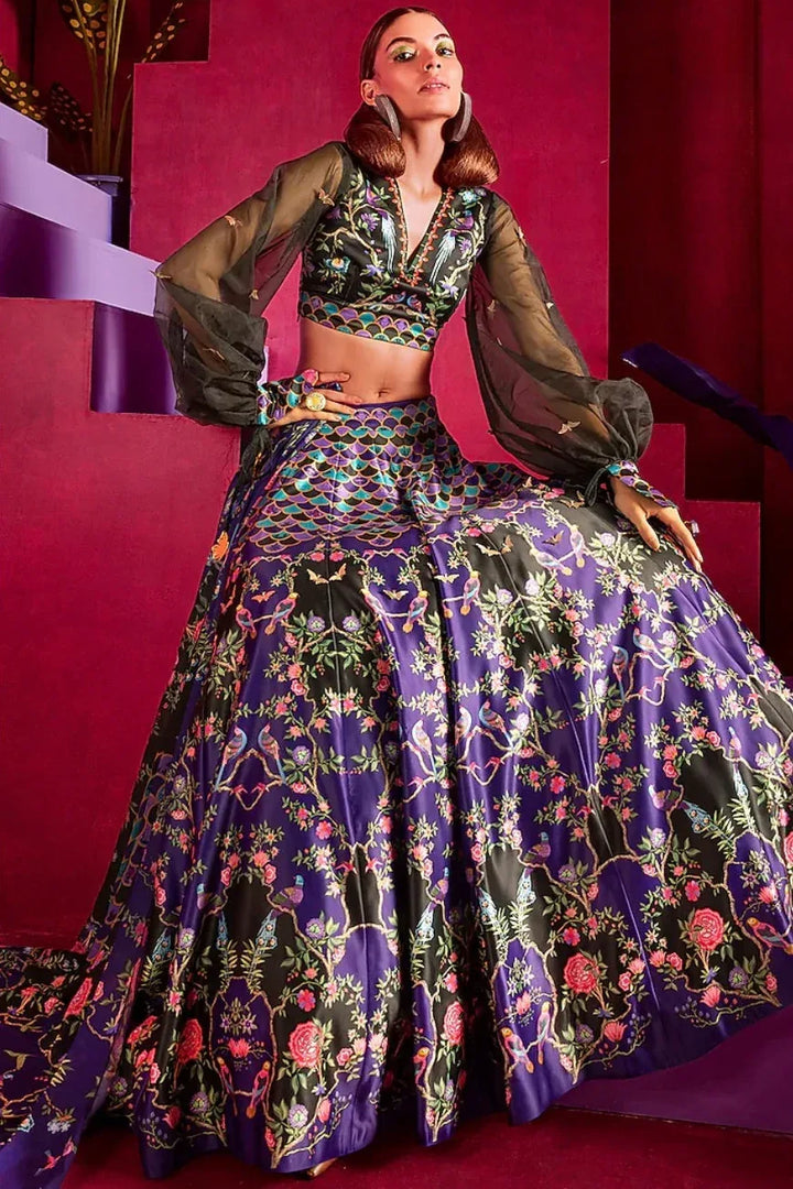 Purple Printed Embellished Lehenga - MyEthnikRentals