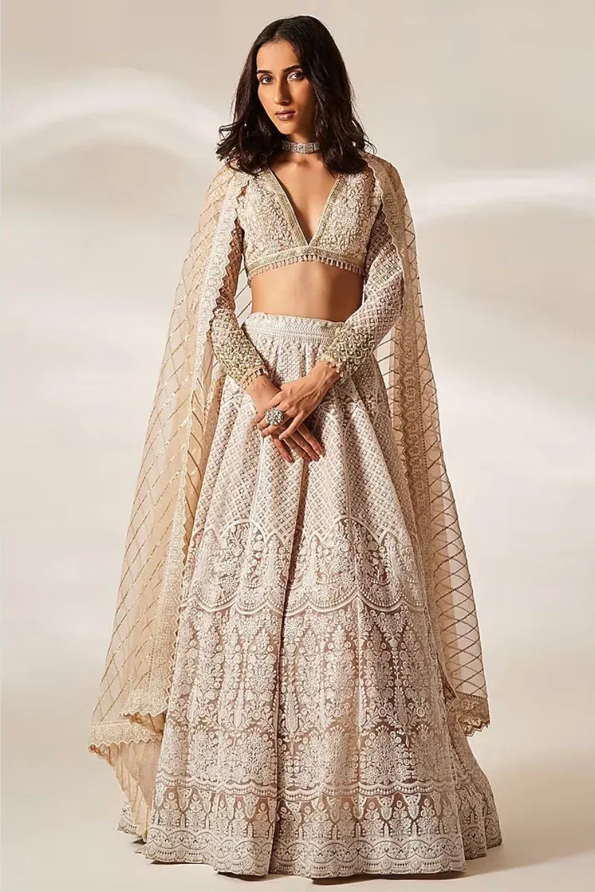 Peach Organza Chikankari Lehenga - MyEthnikRentals
