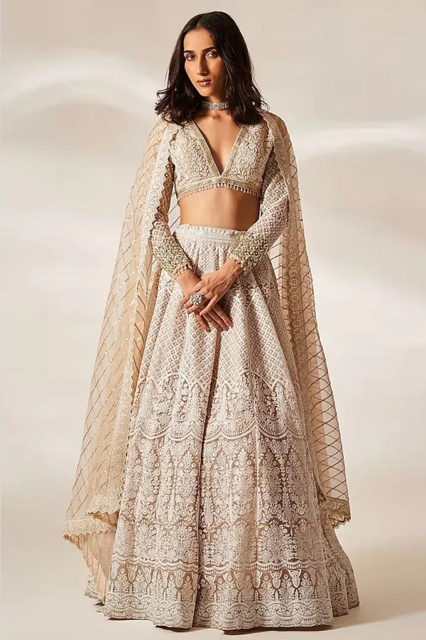 Peach Organza Chikankari Lehenga (Outside Ontario) - MyEthnikRentals