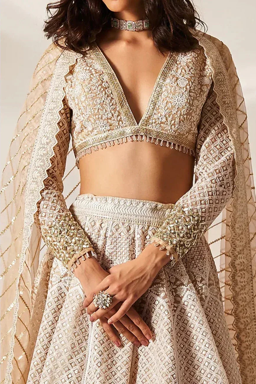 Peach Organza Chikankari Lehenga - MyEthnikRentals