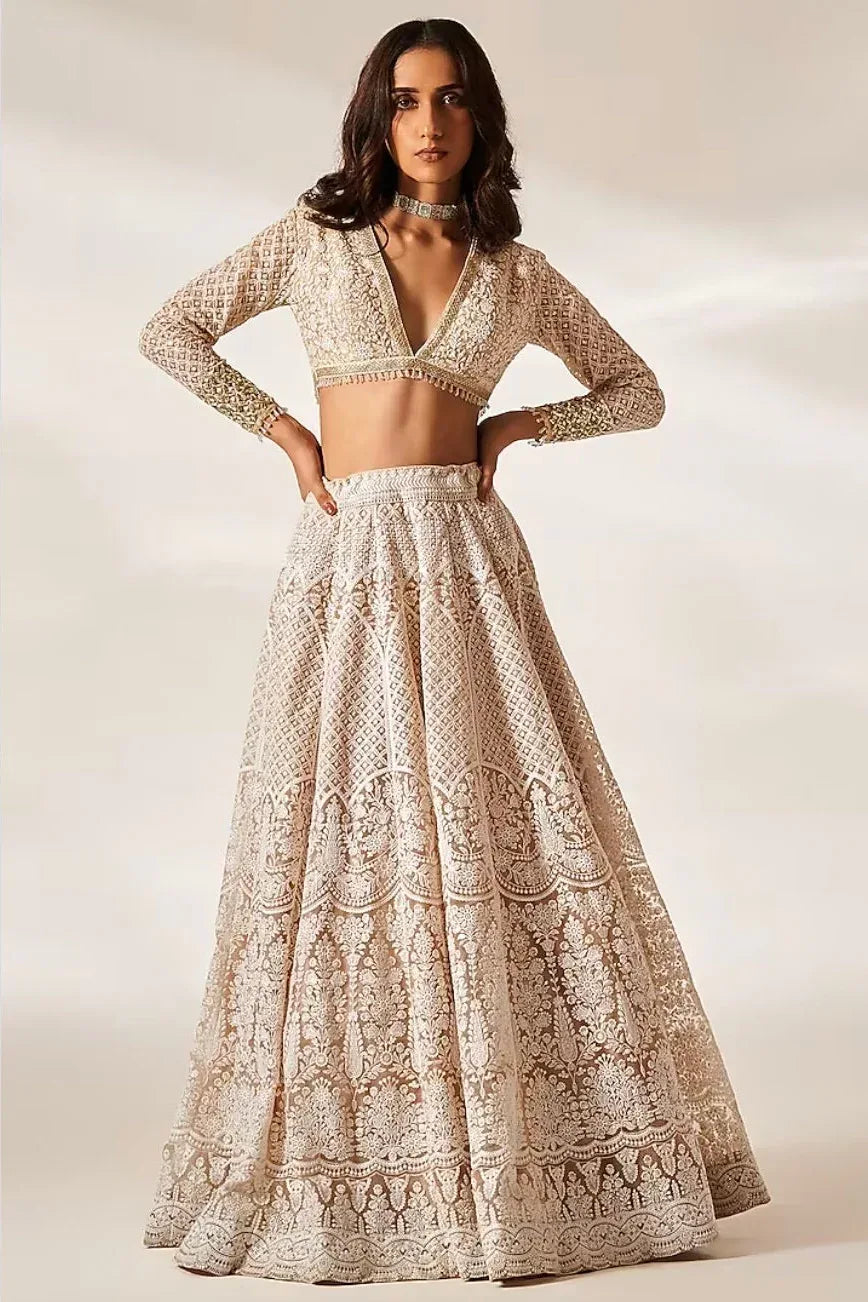 Peach Organza Chikankari Lehenga - MyEthnikRentals