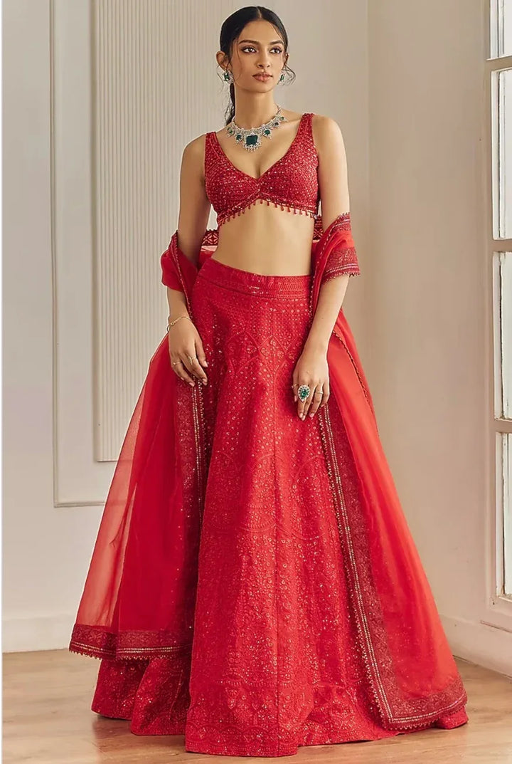 Red Organza Chikankari Lehenga - MyEthnikRentals