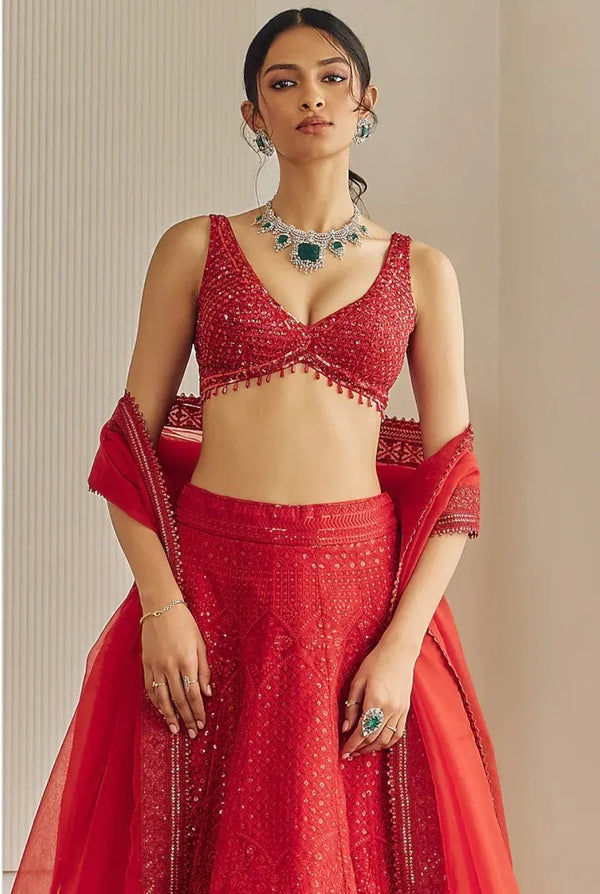 Red Organza Chikankari Lehenga (Outside Ontario) - MyEthnikRentals
