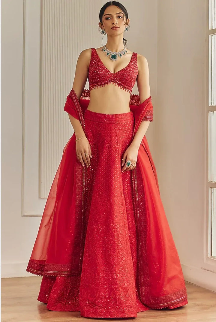 Red Organza Chikankari Lehenga - MyEthnikRentals