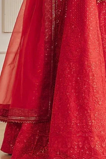 Red Organza Chikankari Lehenga (Outside Ontario) - MyEthnikRentals