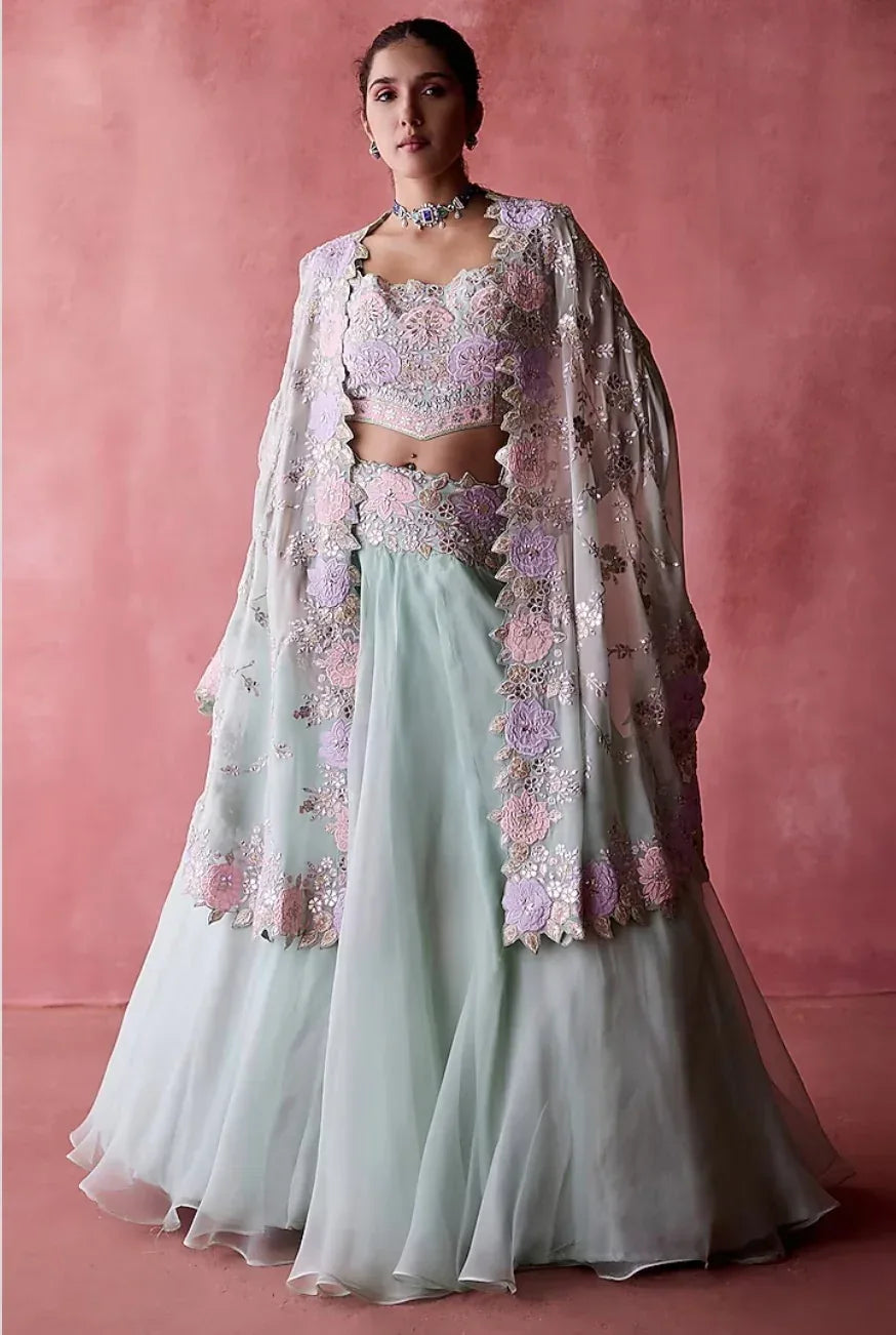 Aqua Organza Jacket Lehenga - MyEthnikRentals