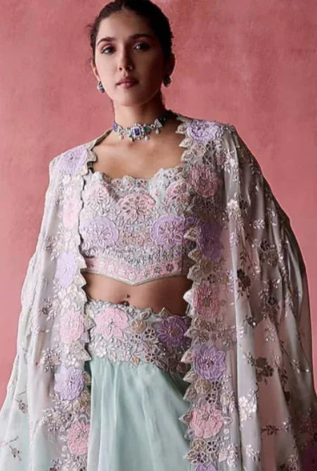 Aqua Organza Jacket Lehenga - MyEthnikRentals