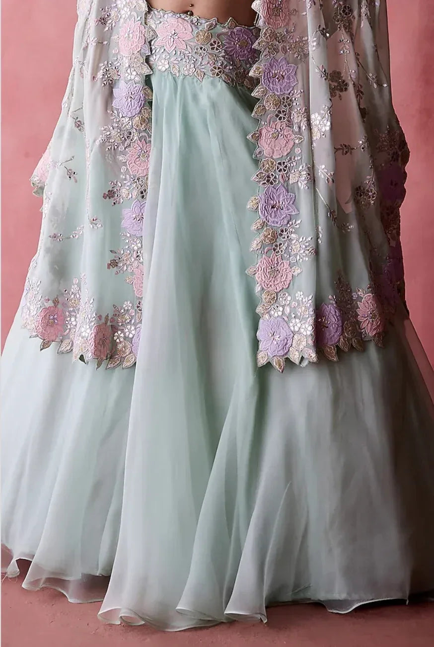 Aqua Organza Jacket Lehenga - MyEthnikRentals