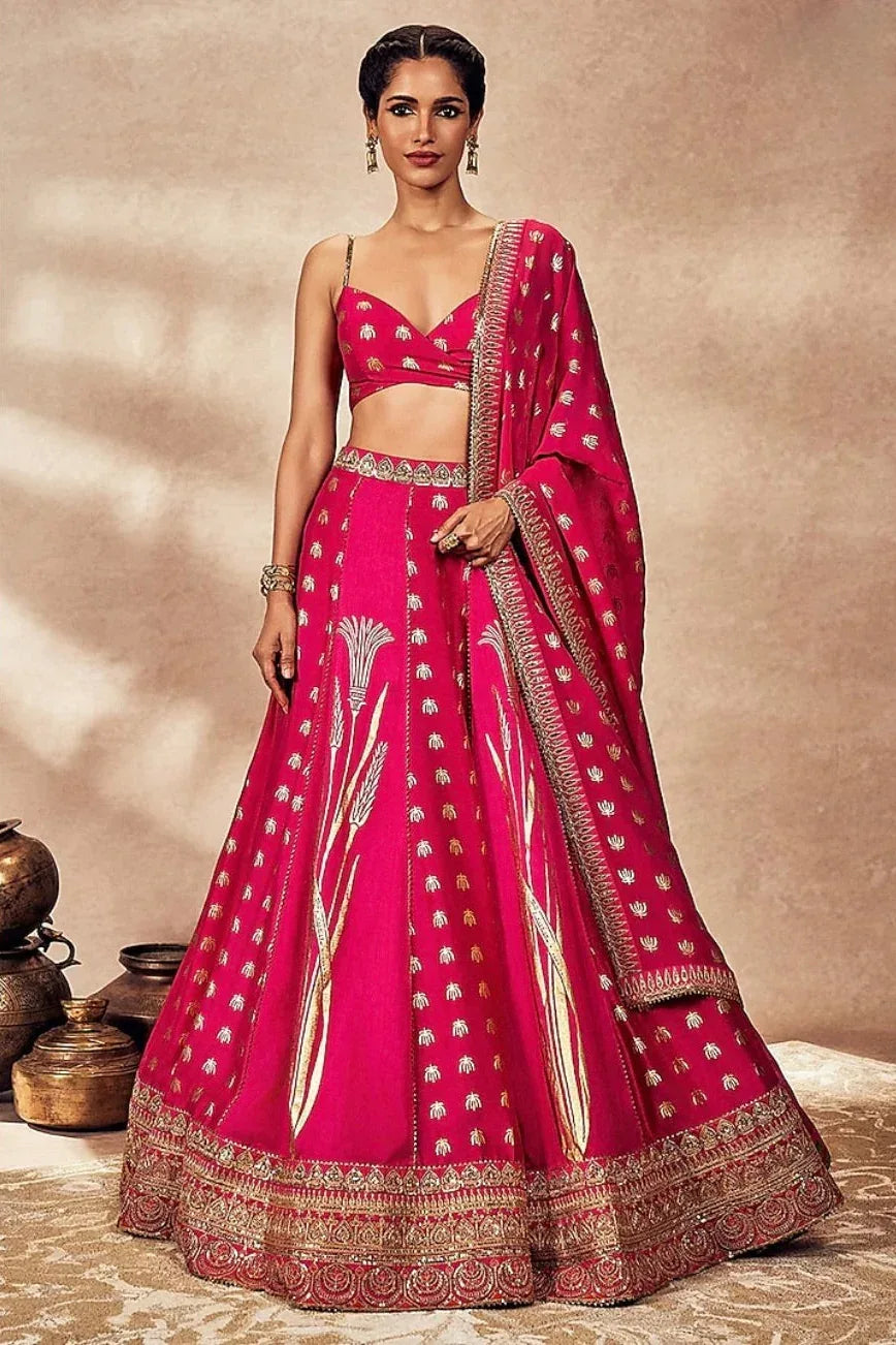 Pink Raw-Silk Kinari Lehenga - MyEthnikRentals