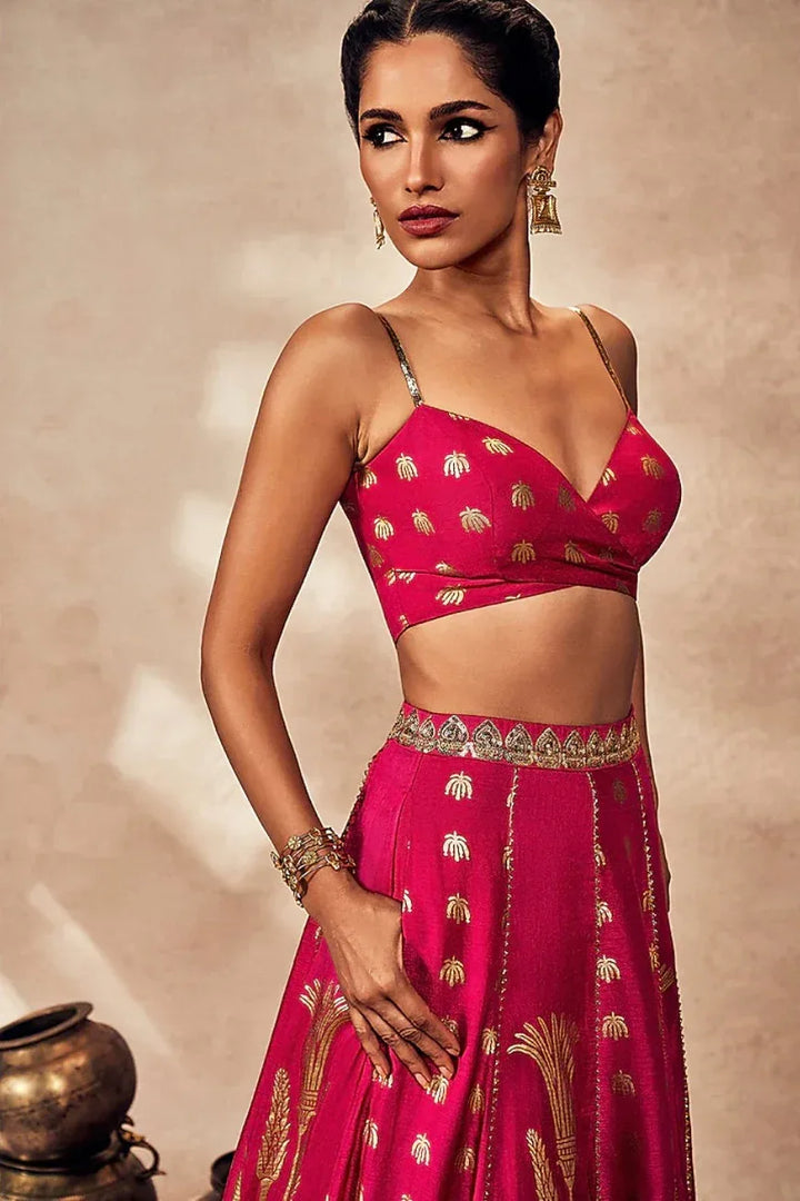 Pink Raw-Silk Kinari Lehenga - MyEthnikRentals