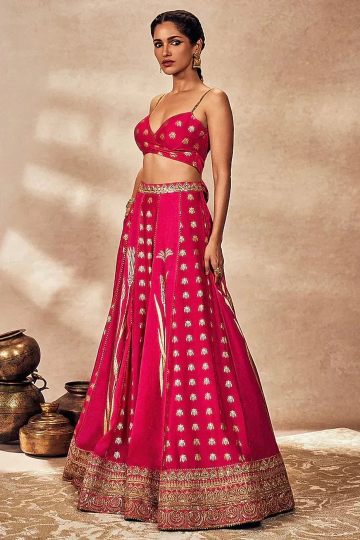 Pink Raw-Silk Kinari Lehenga - MyEthnikRentals