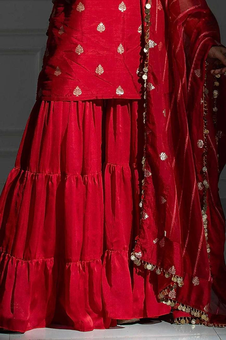 By Monk & Mei - Rose Red Satin Silk Flared Sharara Set (Outside Ontario) - MyEthnikRentals