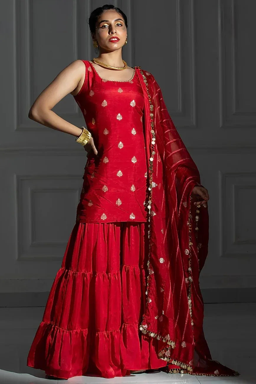 By Monk & Mei - Rose Red Satin Silk Flared Sharara Set (Outside Ontario) - MyEthnikRentals