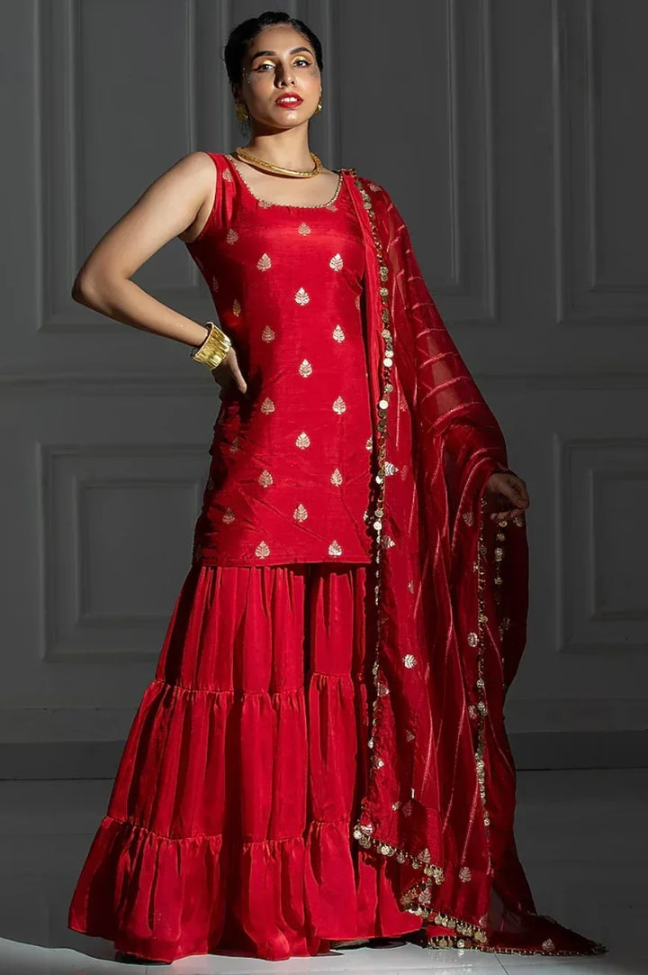 By Monk & Mei - Rose Red Satin Silk Flared Sharara Set (Outside Ontario) - MyEthnikRentals