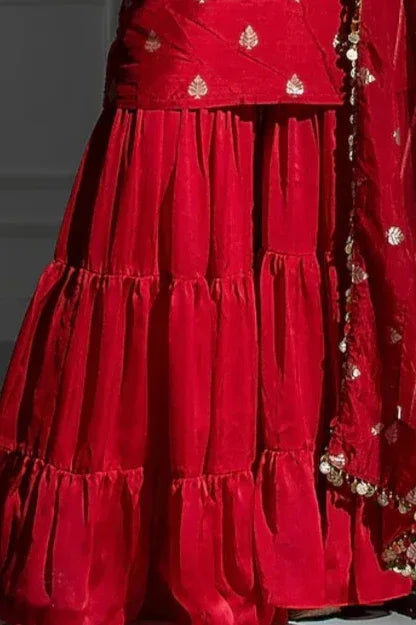By Monk & Mei - Rose Red Satin Silk Flared Sharara Set (Outside Ontario) - MyEthnikRentals