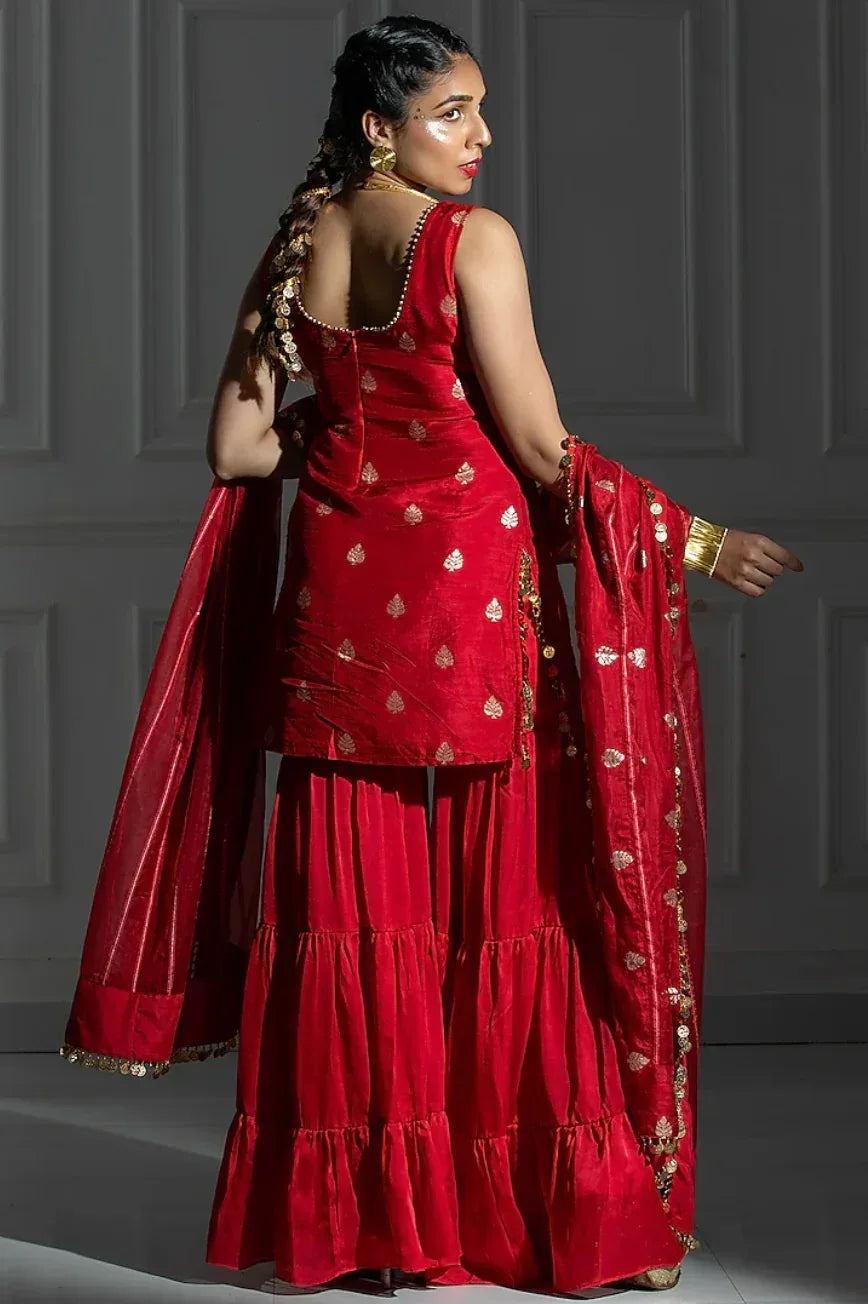 By Monk & Mei - Rose Red Satin Silk Flared Sharara Set (Outside Ontario) - MyEthnikRentals