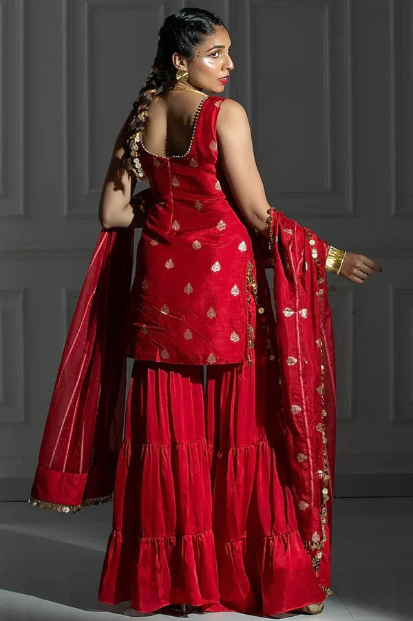 By Monk & Mei - Rose Red Satin Silk Flared Sharara Set - MyEthnikRentals