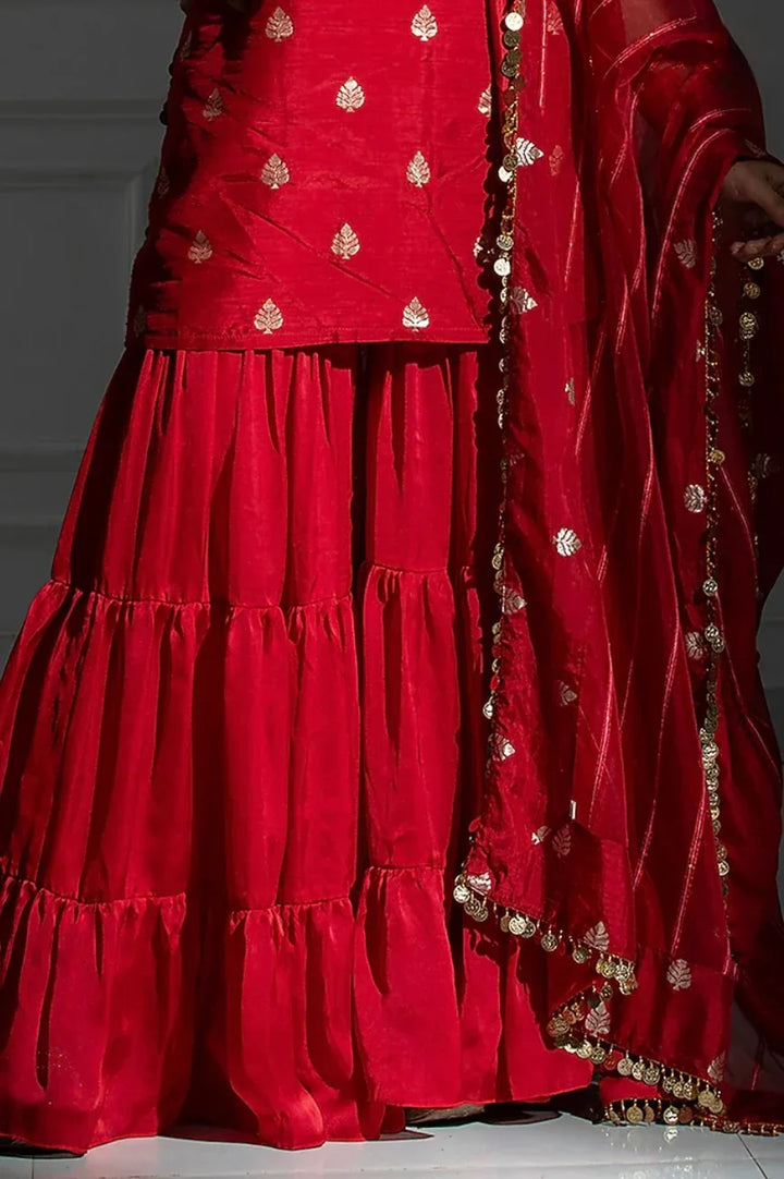 By Monk & Mei - Rose Red Satin Silk Flared Sharara Set - MyEthnikRentals