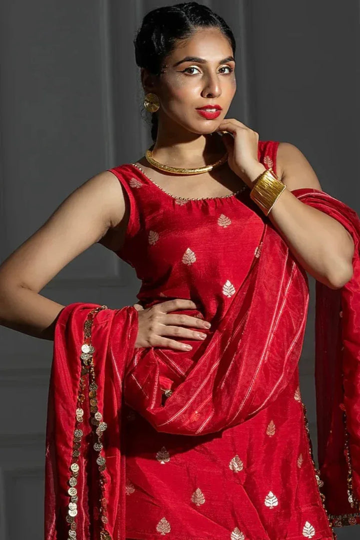 By Monk & Mei - Rose Red Satin Silk Flared Sharara Set (Outside Ontario) - MyEthnikRentals