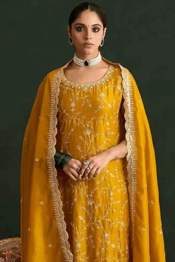 Zehra Mustard Embroidered Salwar Kameez Set (Outside Ontario) - MyEthnikRentals